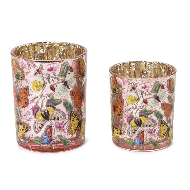 Ensemble de 2 bougeoirs silhouette papillon, 10 cm de hauteur, verre vieilli, pour bougies chauffe-plat et votives