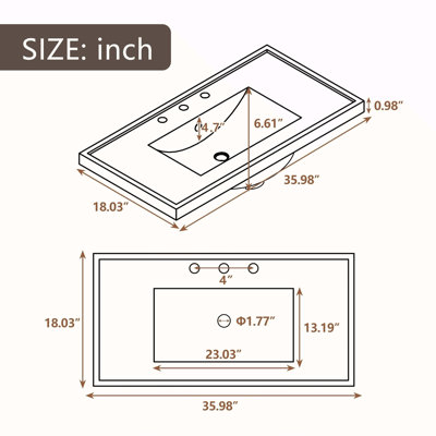 36" Single Bathroom Vanity Top with White Basin, 3-Faucet Holes, Ceramic, White (Old SKU: WF283481AAK )