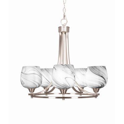 Paramount 5 Light Uplight Chandelier Shown In Brushed Nickel Finish With 6" Onyx Swirl Glass