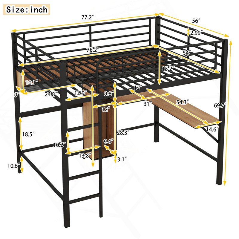 Lit mezzanine double en métal et bois avec bureau en L et tablettes, noir et brun