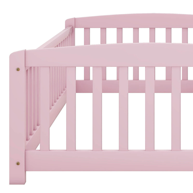 Lit de clôture de plancher avec entrée centrale, structure Montessori en bois de pin avec garde-corps, plateforme à profil bas pour enfants