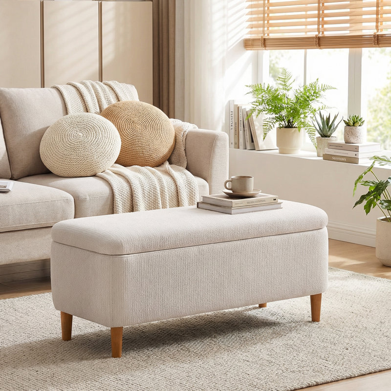 Polyester Upholstered Storage Bench, Beige