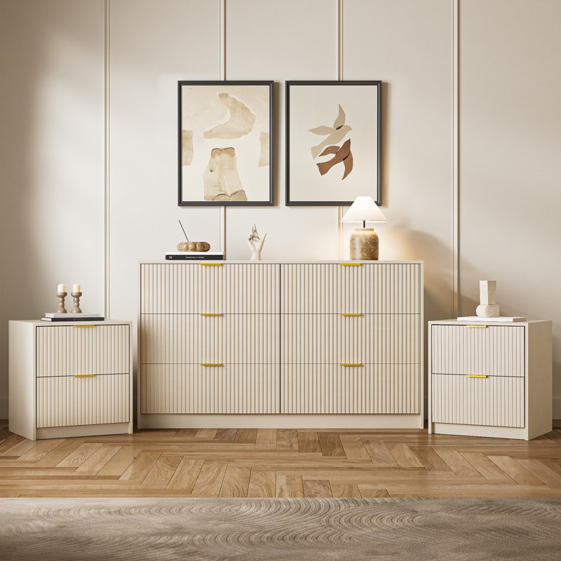 Ensemble de chambre à coucher 3 pièces, commode 6 tiroirs et ensemble de table de chevet 2 pièces, Beige