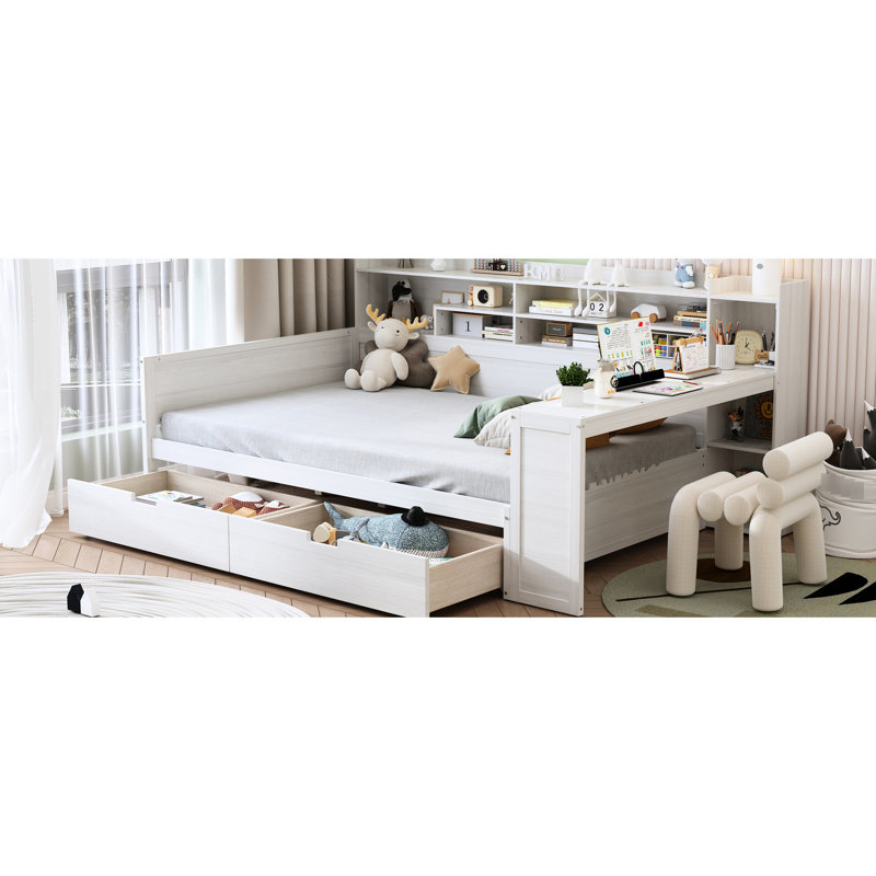 Antique White Daybed With Bottom Storage Shelf And Functional Work Desk Wooden Ample Space Desk,, Antique White