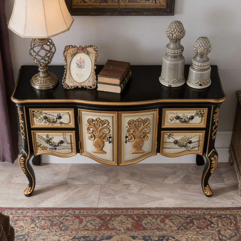 American-style multi-functional entrance cabinet, H 35,03 po x l 55,11 po x P 17,51 po, Black/Gold/Cream