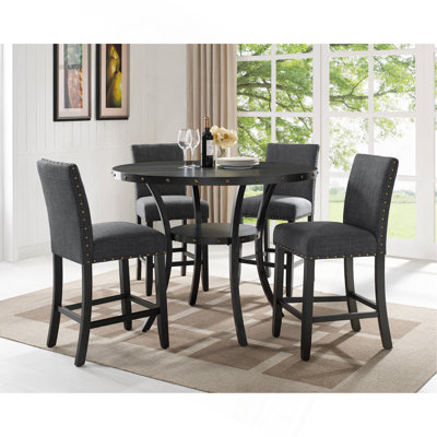 Biony Espresso Wood Counter Height Dining Set With Fabric Nailhead Stools