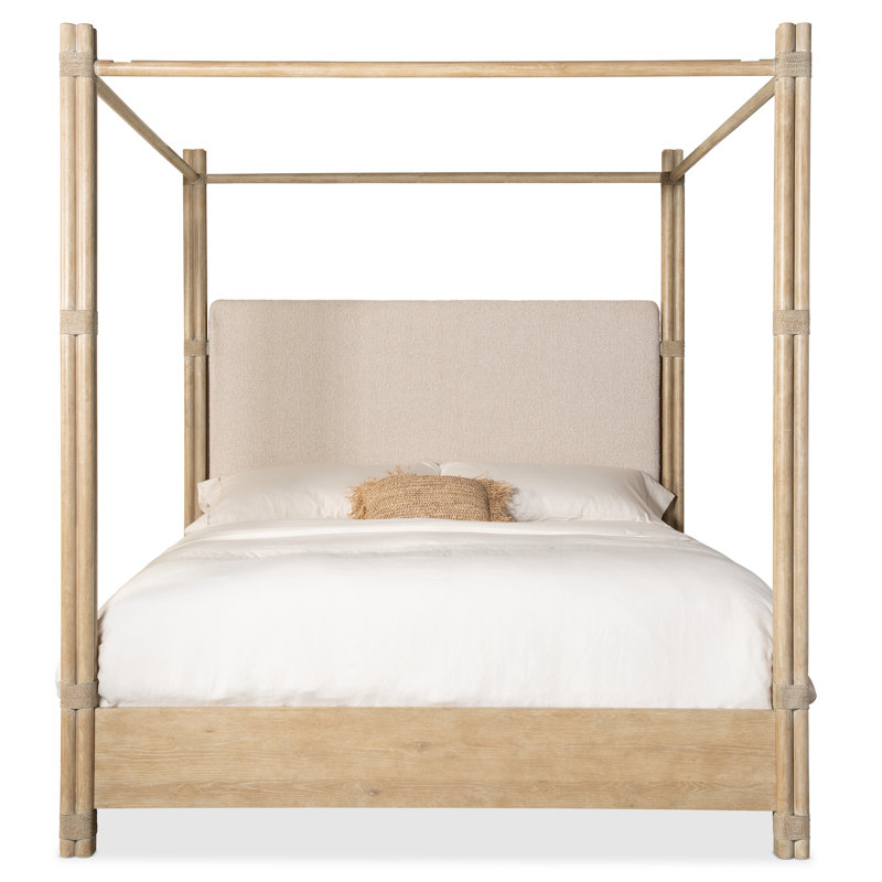 Retreat Pole Rattan King Upholstered Poster Bed withCanopy, King, Light Wood/Dune/Neo Cream