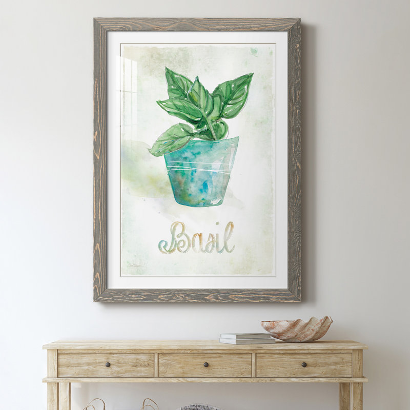 Basilic en pot - peinture, Cadre en papier gris, H 20 po x l 17 po x P 1,5 po