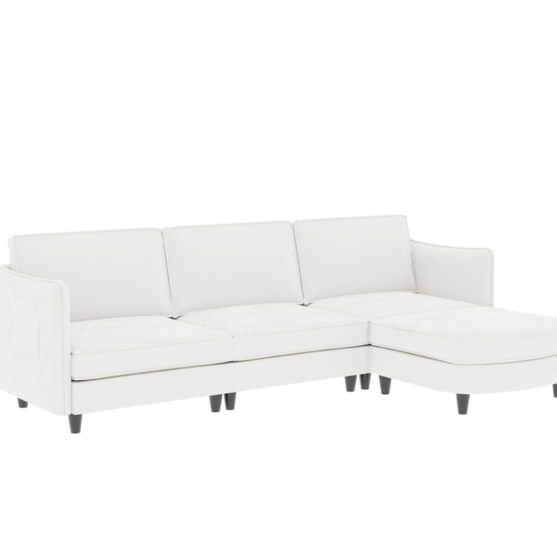 4 - Seat L Shaped Couch 107.8'' Long, Beige Breathable Fabric, Movable , Stable Legs, Arm Pocket For Magazines And Remotes Fabric With Comfortable Spring Foam Cushions, Armrest Living Office Spaces