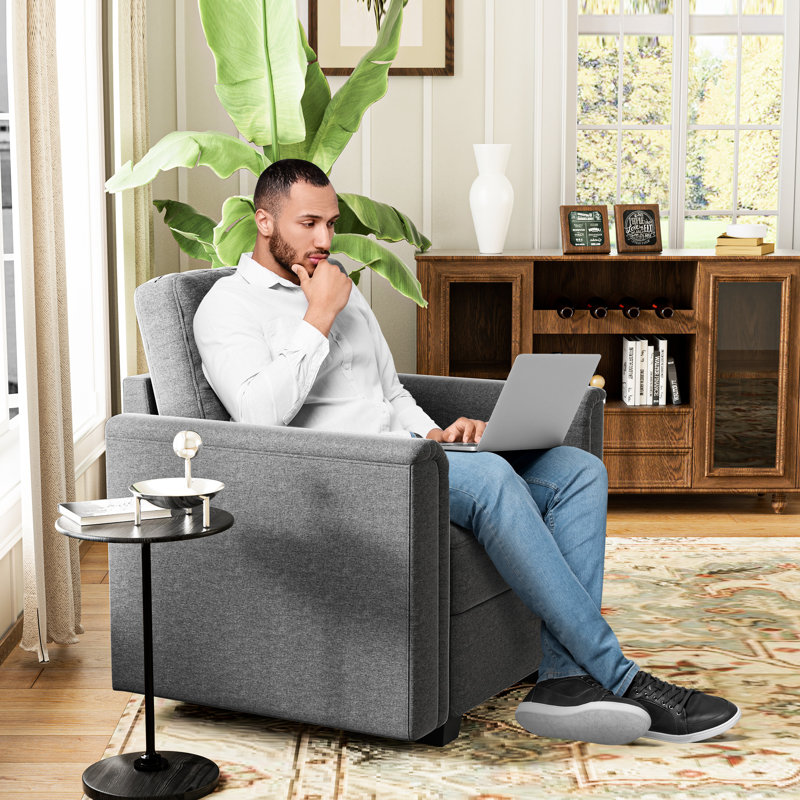 Élégant fauteuil d'appoint à accoudoirs courbés, simple moderne avec structure en bois massif, éponge à haute densité et tissu de lin, confortable pour la chambre à coucher, le salon, le bureau, le rangement caché sous le siège, gris