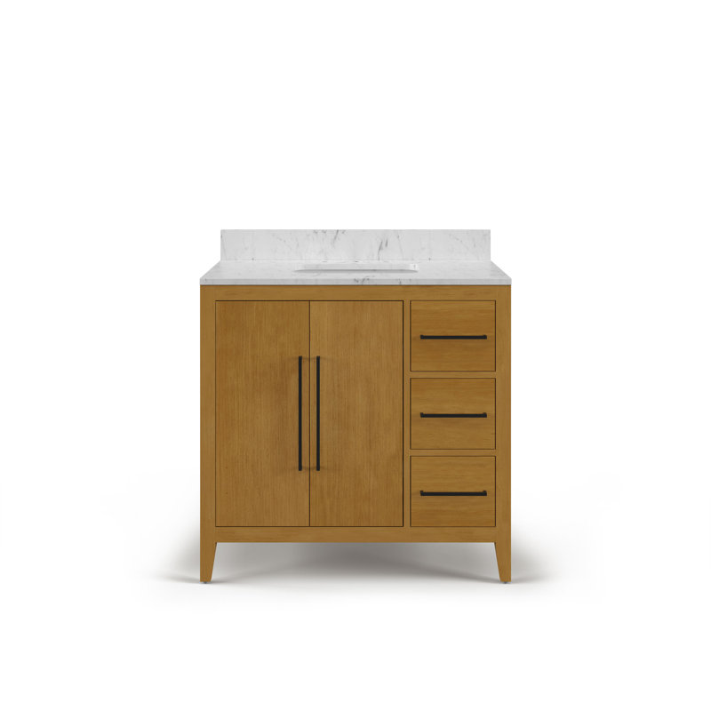 Berwyn  Single Sink Carrara White Engineered Marble Countertop Bath Vanity In Baja Oak, 36"