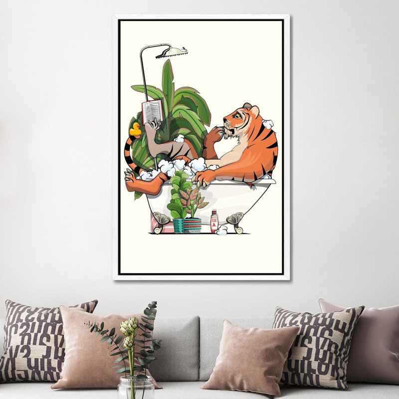 Tiger Reading A Book In The Bath by WyattDesign - Gallery-Wrapped Canvas Giclée on Canvas, White Floated Frame