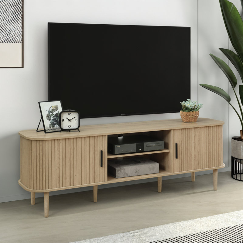 Aguilera 67.7" W Mid Century Modern TV Stand with Storage and Shelves to fit up to 75" TVs, Oak