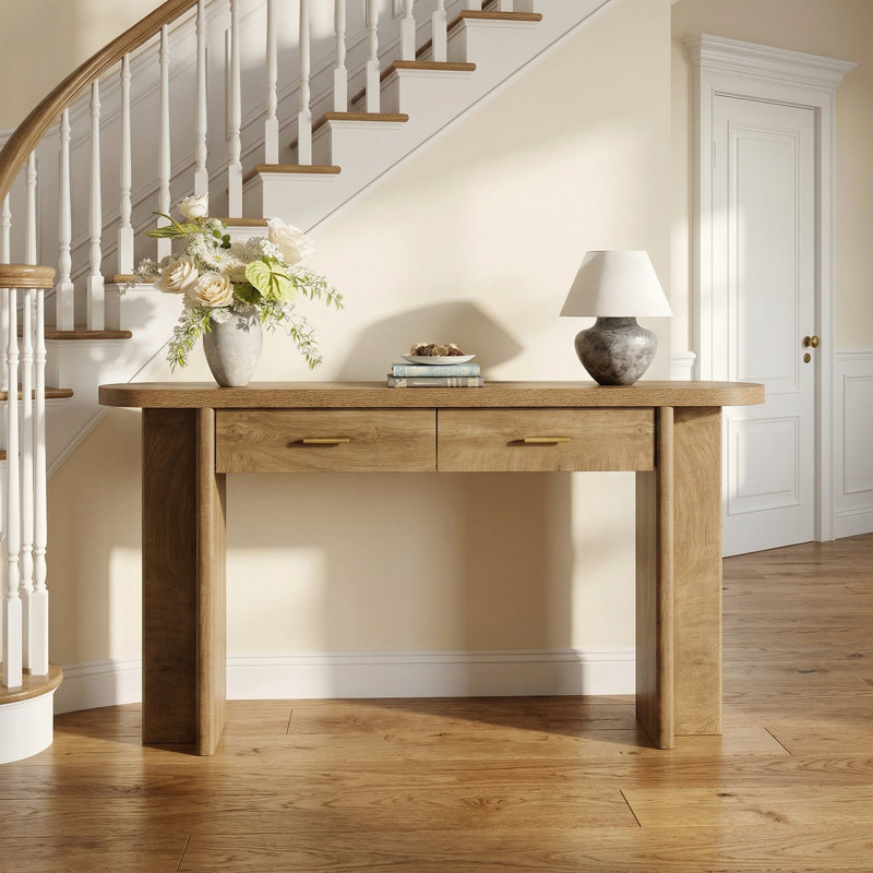 63'' Farmhouse Console Table with 2 Drawers, Oval Curved Entryway Sofa Table with Storage, Brown