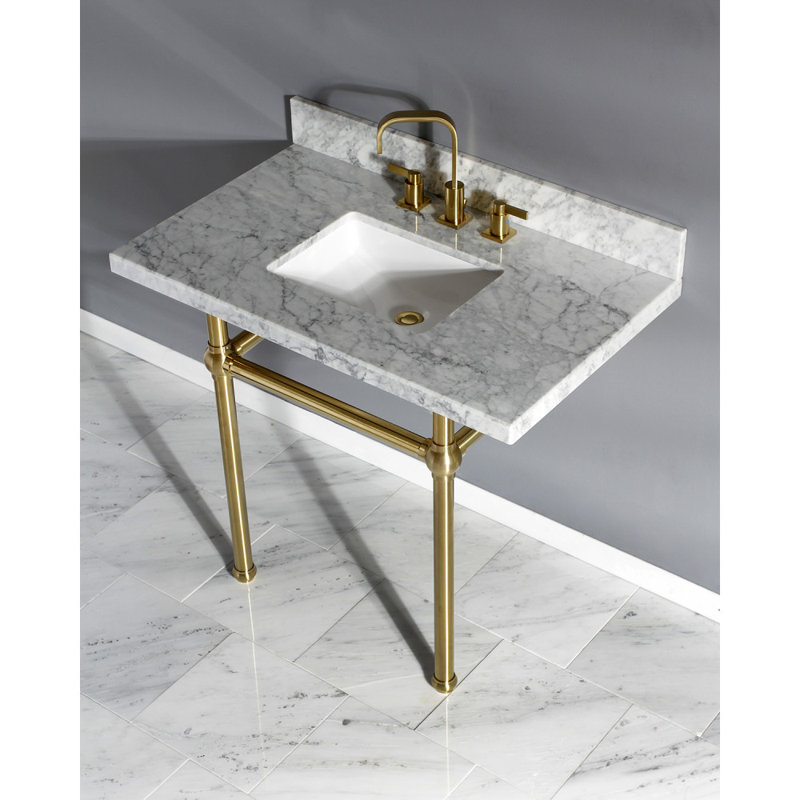 Kingston Brass Templeton 36-Inch Carrara Marble Vanity Top with Brass Legs (8-Inch, 3-Hole), Satin Brass