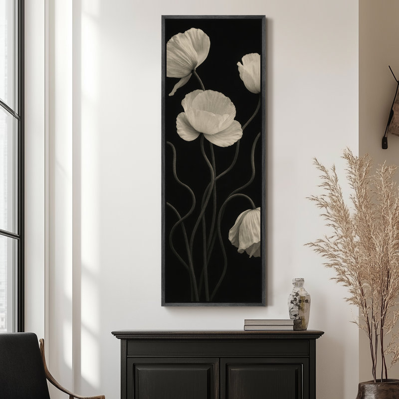 Fleurs encadrées, art botanique sur toile pour décoration murale moderne, H 60 po x l 20 po, Noir