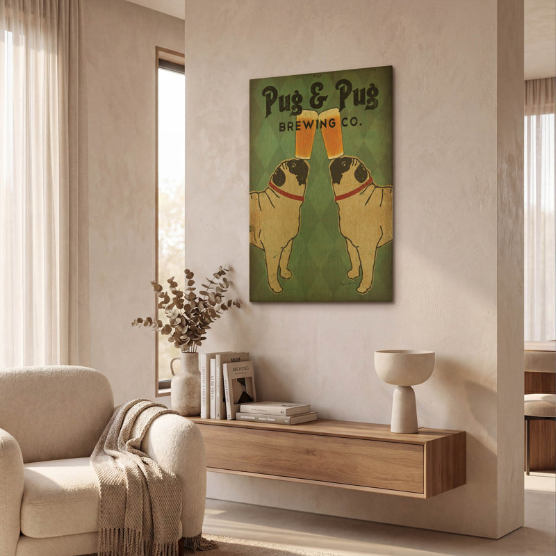 «Pug and Pug Brewing» par Ryan Fowler, art mural en métal doré, 24 po x 36 po, 24 po x 36 po