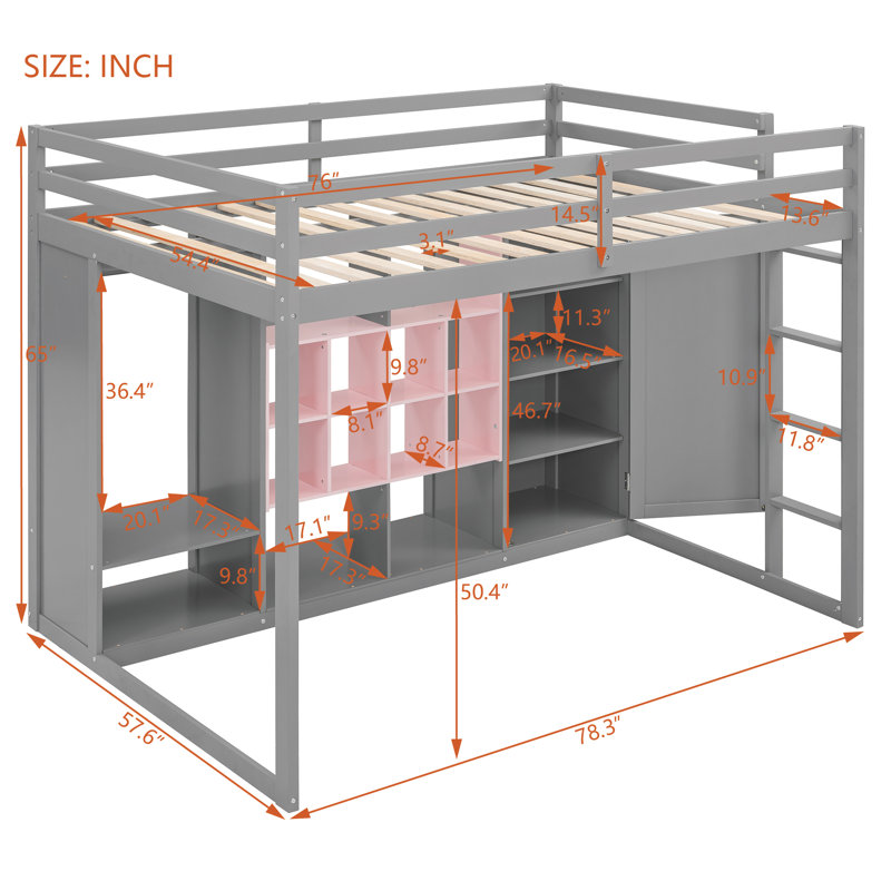 Lit mezzanine moderne avec armoire de rangement intégrée, bibliothèque et tringle, Gray, Full