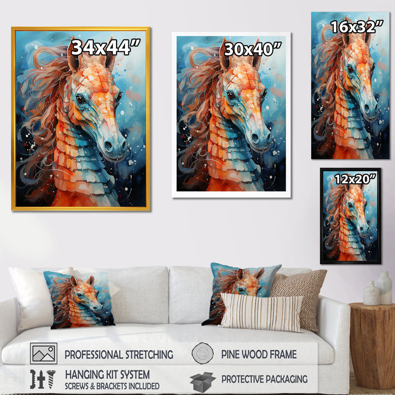 «Orange and Blue Seahorse Symphony 3», Encadrement doré, H 44 po x l 34 po x P 1,5 po