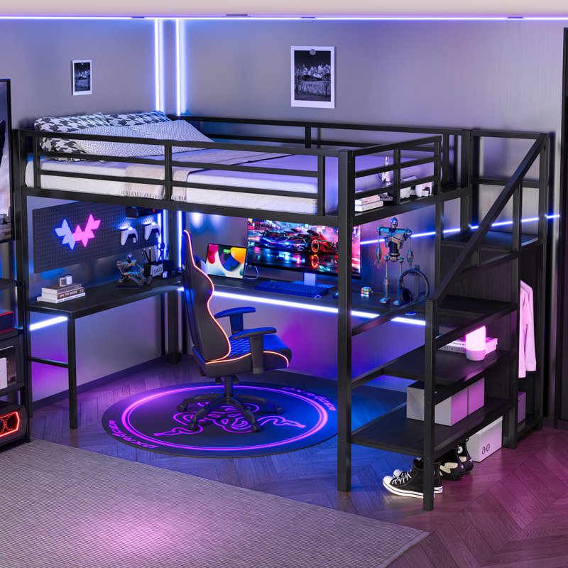 Lit mezzanine double en métal avec bureau en L, garde-robe, escalier de rangement, charge USB et lumière DEL, noir