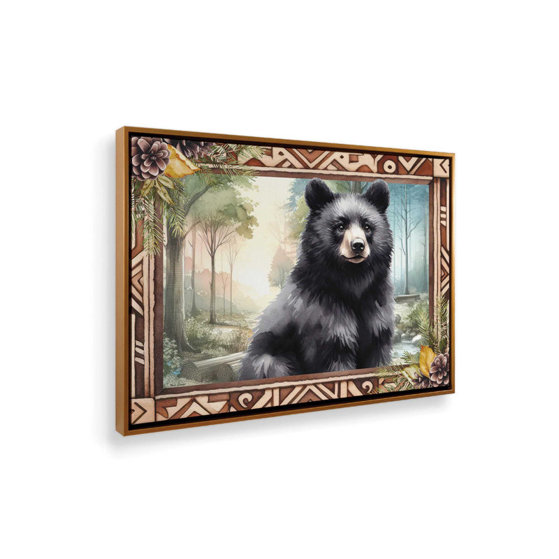 «Woodland Retreat Sitting Bear» par Nicole DeCamp, reproduction d'art, Toile avec cadre, L 48 x H 36, Doré