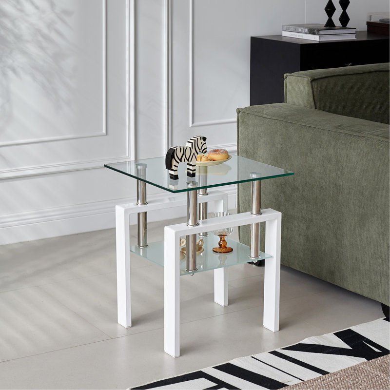 White Tempered Clear Glass End Table, 2-Layers Small Table With Storage, Living Room Side Table, White
