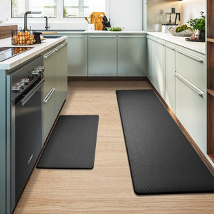 Superior Reno 2-Piece Washable Solid Non-Slip Kitchen Mat Set, Grey, Green