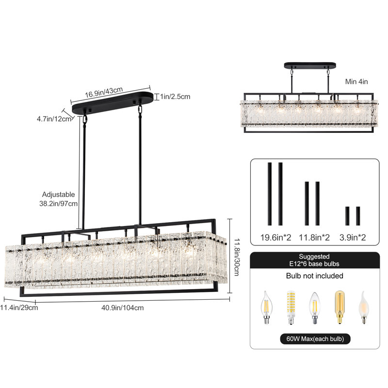 6-Light Dimmable Kitchen Island Pendant Rectangle Chandelier
