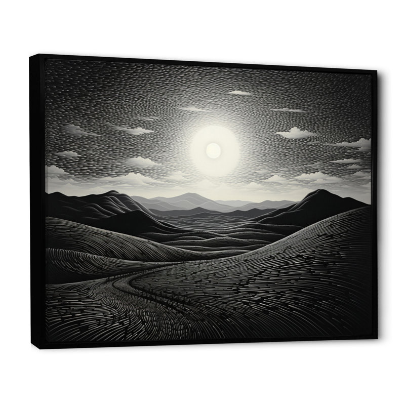 Désert majestueux pointillisme monochrome sur toile, H 24 po x l 32 po x P 1 po, Cadre flottant noir