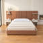 Lit plateforme haut tapissier avec tables de chevet, tiroirs et tablettes flottantes, grand, velours beige-1201298467-1201298461