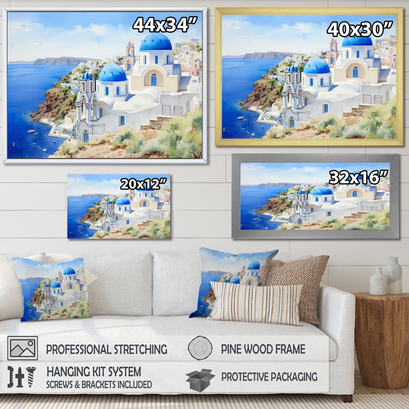 «Blue and White Greek Isles Village III - Grèce», art mural, Cadre flottant blanc, H 24 po x l 32 po x P 1 po