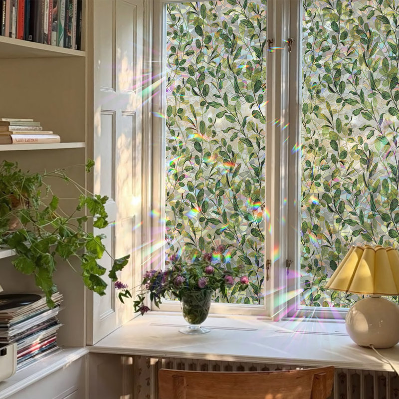 Plantes et fleurs, autocollant de fenêtre d'intimité statique à laser - feuilles d'eucalyptus, 22.83'' H X 78.74'' W