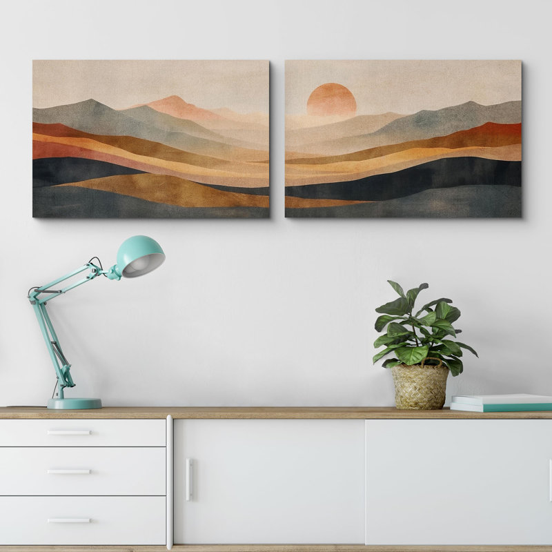 «Earthen Hues Abstract Sun Mountain Rustic» 2 pièces, H 24 po x l 36 po, Toile tendue