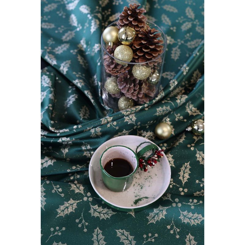 Holly Berry Tablecloth, 110" L x 59" W, Green/Gold