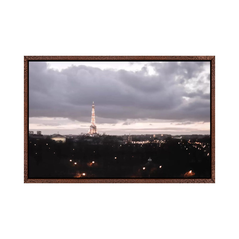 Paris Dusk - Print on Canvas, 45.72cm H x 66.04cm W x 3.81cm D, Classic Brown Wood Framed