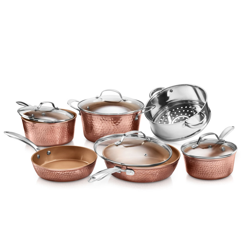 Ensemble de batterie de cuisine antiadhésive en cuivre martelé de 10 articles avec poignées Stay Cool allant au four et au lave-vaisselle Gotham Steel