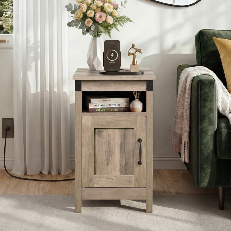 Carbin 24" Tall Farmhouse End Table with Charge Station and Storage, Side Table with Power Outlets & USB for Small Spaces, Rustic Nightstand Accent Table
