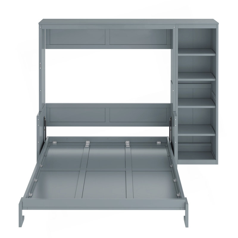 Grand lit escamotable avec bureau et bibliothèque, Gris, Grand lit
