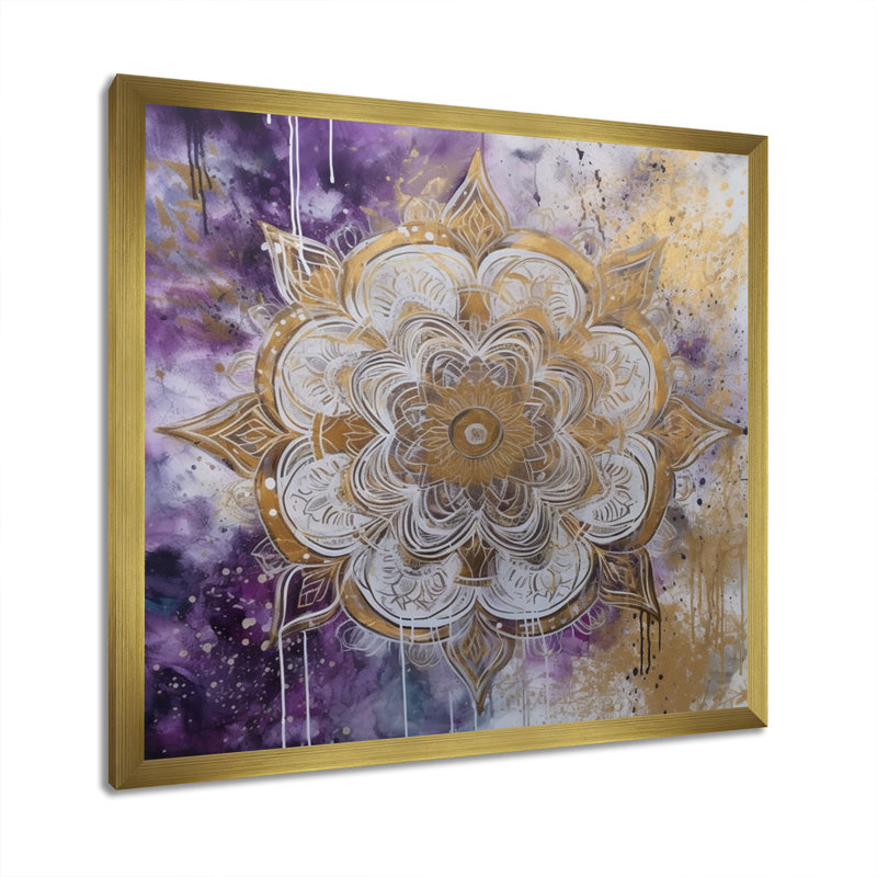 Impression sur toile mauve et or mandala I - Boho Mandala, H 16 po x l 16 po, Cadre flottant doré