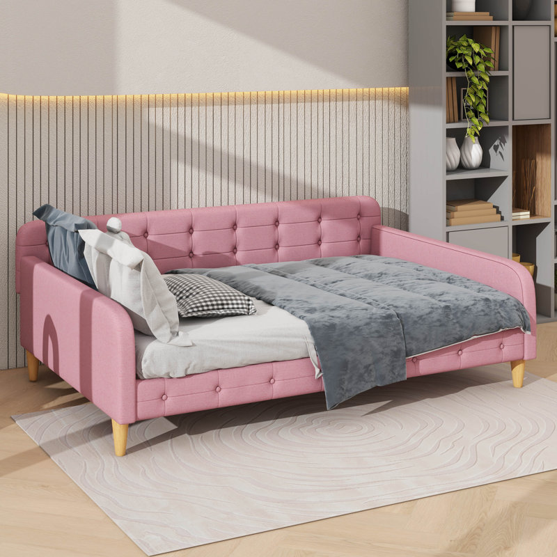 Daybed Enveloped In Fabric Upholstery, Full, Rubine