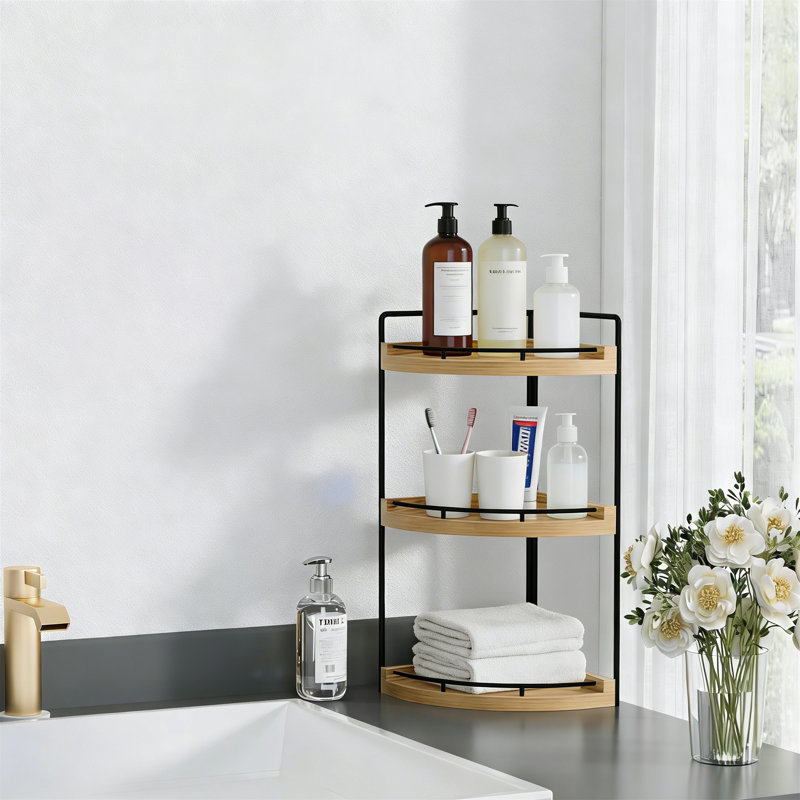 3-Tier Corner Bathroom Counter Organizer, Countertop Storage Shelf For Skincare, Rustic Brown