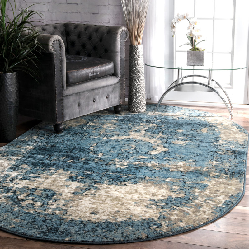 Kazu Vintage Abstract Machine Woven / Power Loomed Performance Blue Rug, Oval 5'11" x 9'