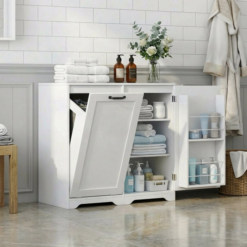 Armoire à linge blanche inclinable avec tablettes réglables et rangement à 3 niveaux