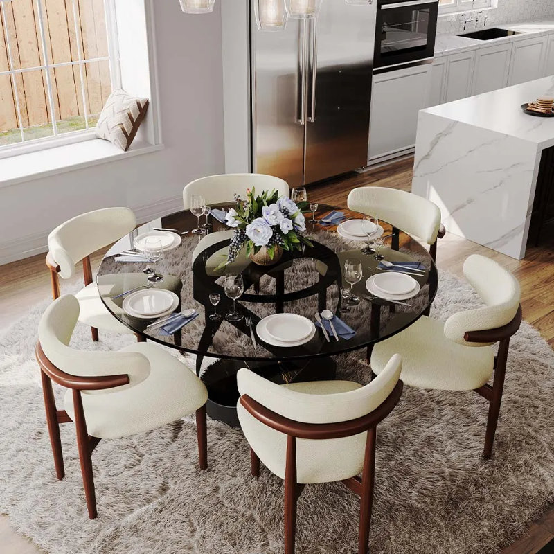 Maxwell Modern Round Dining Table for 4-6 with Tempered Glass Tabletop, Carbon Steel Base Pre-Assembly, Gray Glass, Black