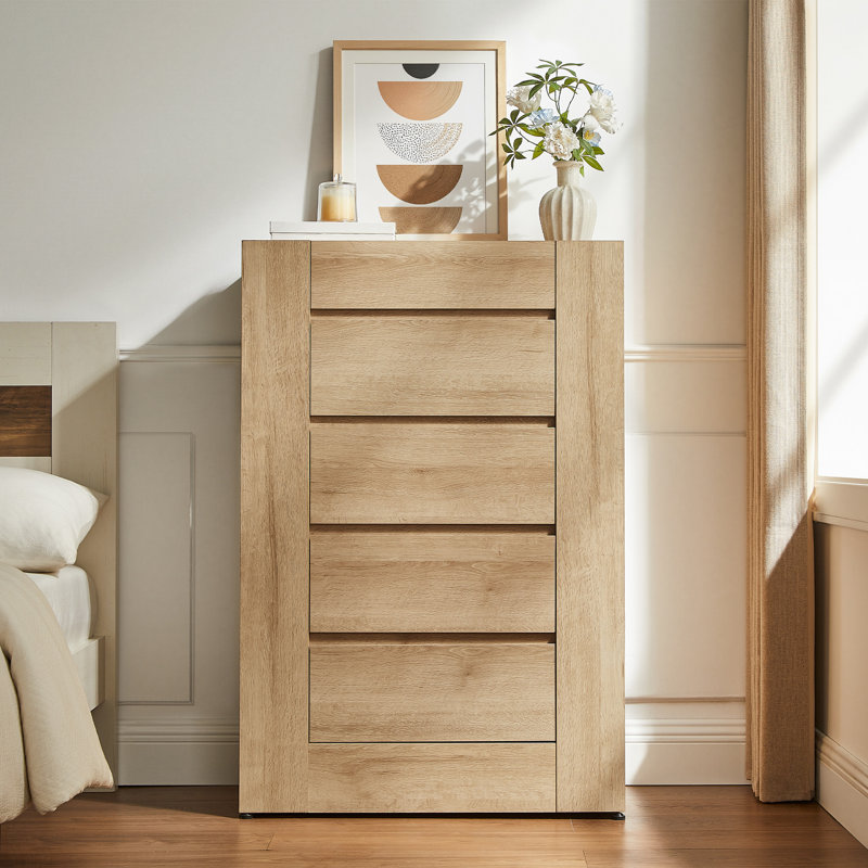 Commode 5 tiroirs, commode moderne sans poignée, Natural Oak