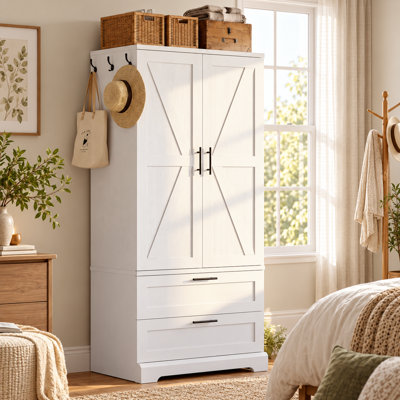 Armoire de style campagnard de 71 po de hauteur avec mouvement à DEL, 2 tiroirs profonds et crochets latéraux, garde-robe autoportante avec tringle pour vestibule de chambre à coucher