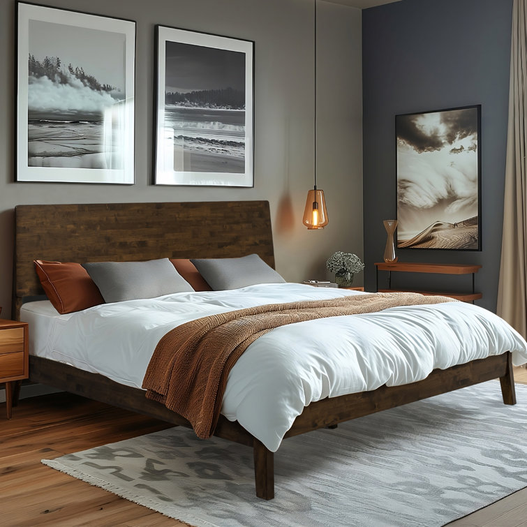 Sererity Solid Wood Bed Frame with Headboard, Scandinavian Signature High Headboard Wood Bed