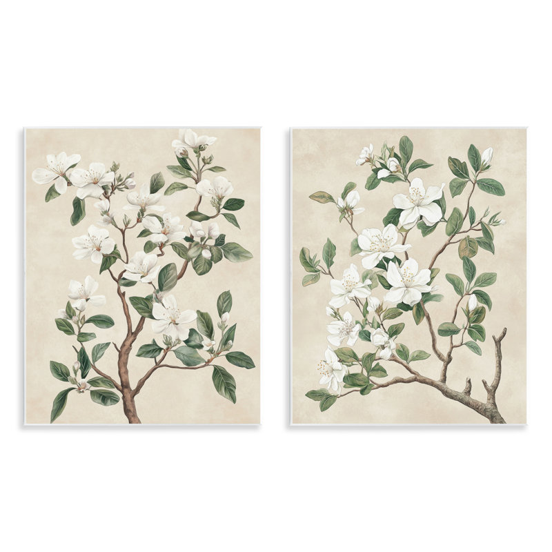 Ensemble de 2 plaques murales Vintage White Floral Blossomed Trees, design par Petal Prints Design