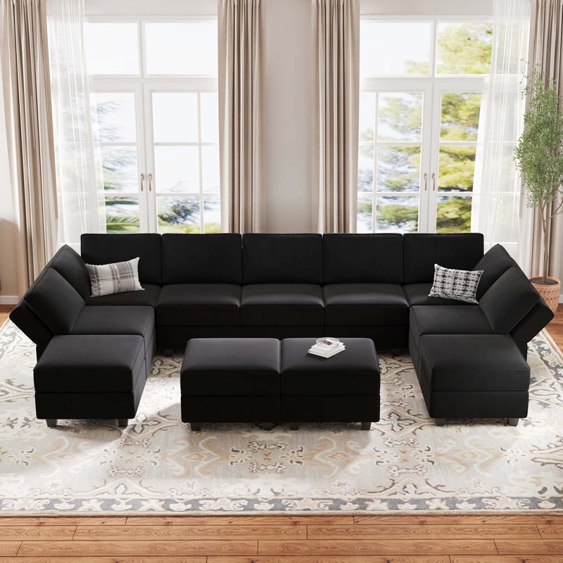 Canapé modulaire rembourré avec rangement en U de 143 po Wylodene, Velours noir