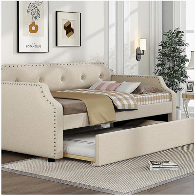 Upholstered Daybed with Trundle, Wood Slat Support,Upholstered Frame Sofa Bed, Twin, Beige
